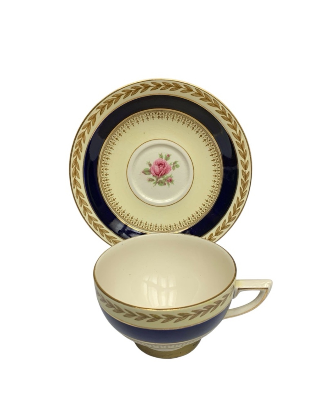 Vintage Crown Ducal Demitasse Pink Rose Teacup &‎ Saucer Set Cobalt Blue